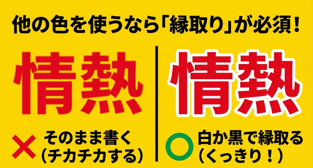 黄色の背景に赤文字を書く際に白や黒で縁取りをしたときの視認性の比較