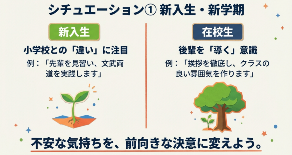 新入生は小学校との違いに注目、在校生は後輩を導く意識で決意を書く例を左右比較。不安を前向きな決意に変えようと促す。