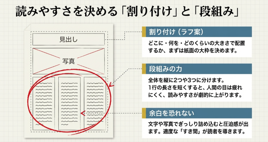 読みやすさを決める割り付け（ラフ案）、段組みの力、余白の効果についての図解