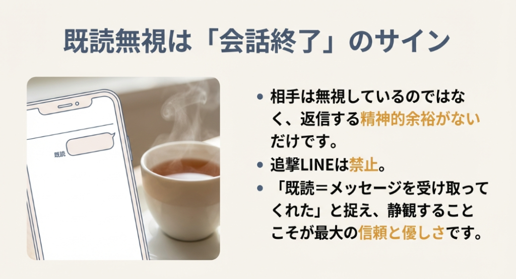 既読無視を「精神的余裕のなさ」と捉え、追撃せず静観することの重要性を解説したスライド。