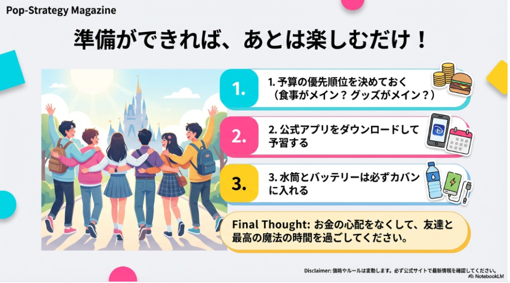 予算の優先順位決め、公式アプリで予習、水筒とバッテリー持参の3項目をチェックリストで示す締めスライド