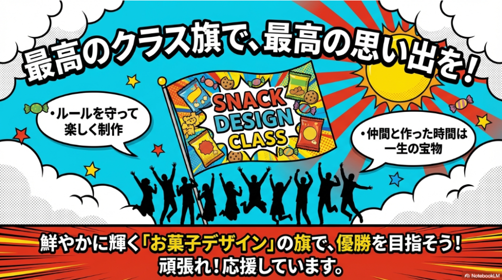 仲間と一緒にお菓子デザインの学級旗を作って優勝を目指す、まとめのメッセージスライド