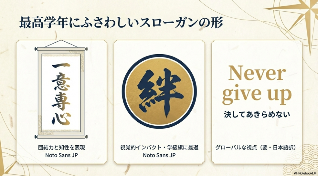 四字熟語「一意専心」、漢字一文字「絆」、英語「Never give up」など、6年生にふさわしいスローガンの形式を紹介するスライド。