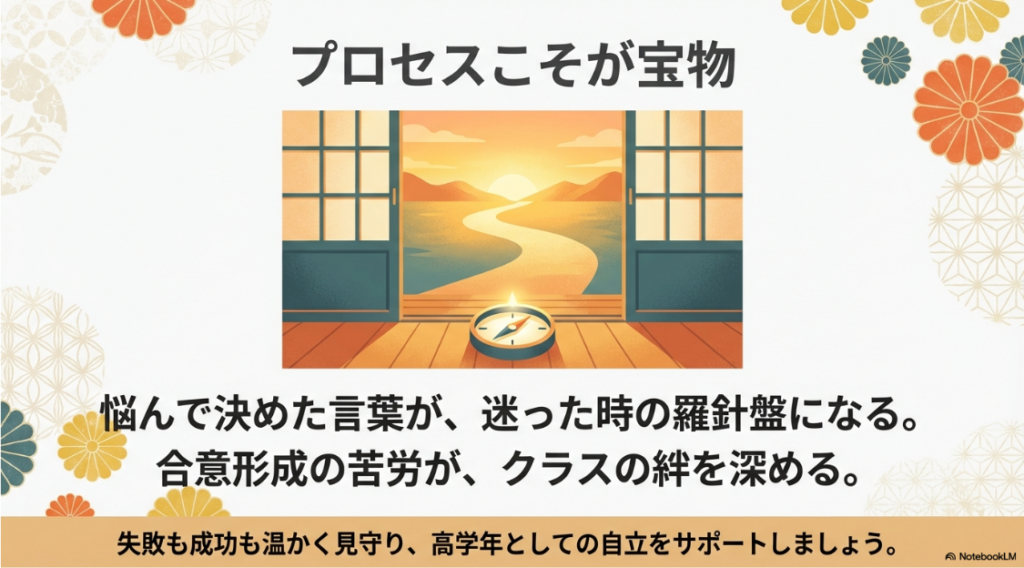 輝く羅針盤と開かれた窓から見える道のイラスト。悩んで決めた言葉が迷った時の羅針盤になり、合意形成の苦労がクラスの絆を深めるというメッセージ 。高学年としての自立をサポートするよう呼びかけている