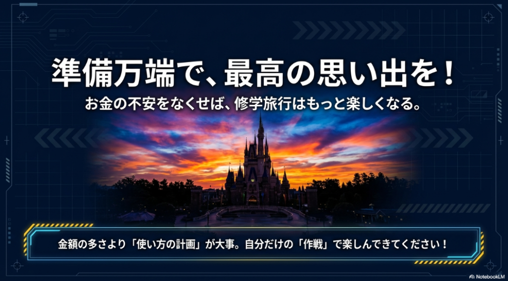 お金の不安をなくして修学旅行をもっと楽しむためのまとめスライド