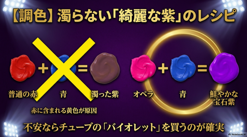 綺麗な紫の作り方。普通の赤と青を混ぜると濁る原因と、オペラと青を混ぜて鮮やかな宝石紫を作る調色レシピ