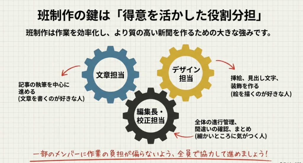文章担当、デザイン担当、編集長・校正担当など、得意を活かした役割分担の図解