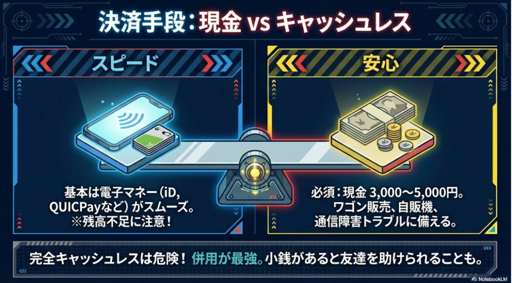 基本は電子マネーにしつつ、現金も3000円から5000円持っておくことを推奨するスライド