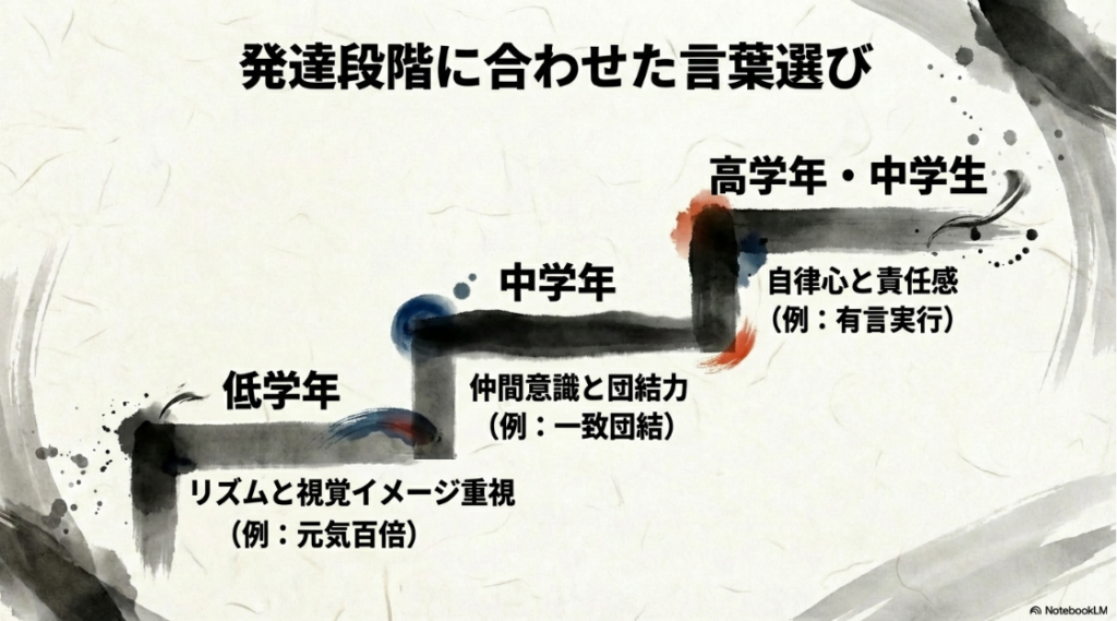 低学年(リズム・視覚)、中学年(仲間意識)、高学年(自律・責任)それぞれの重点ポイントをまとめたスライド。