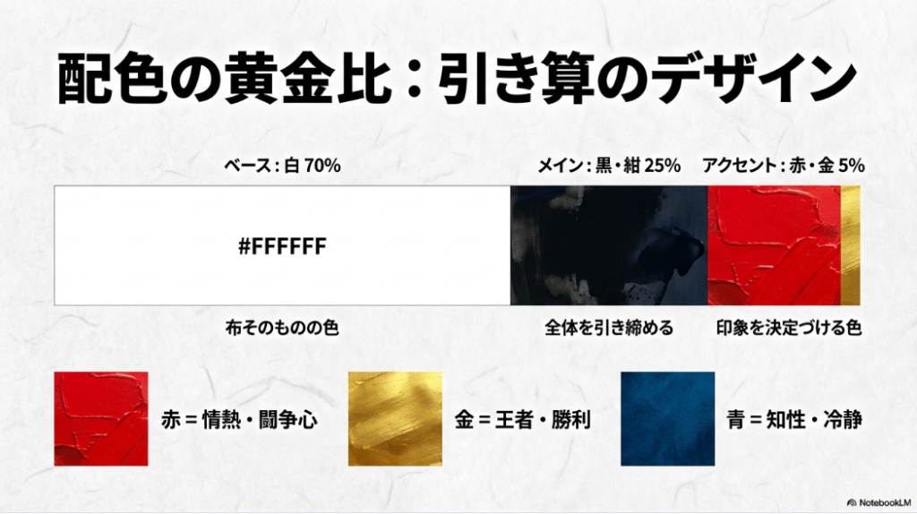 学級旗の配色の黄金比（ベース白70%、メイン黒・紺25%、アクセント赤・金5%）