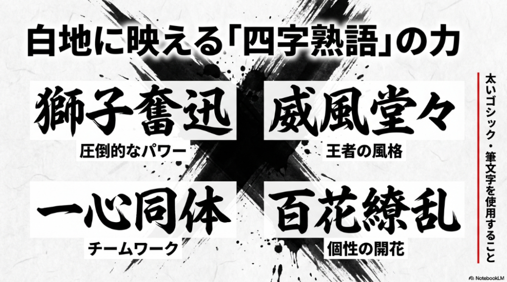 白地に映えるおすすめの四字熟語（獅子奮迅・一心同体・威風堂々・百花繚乱）