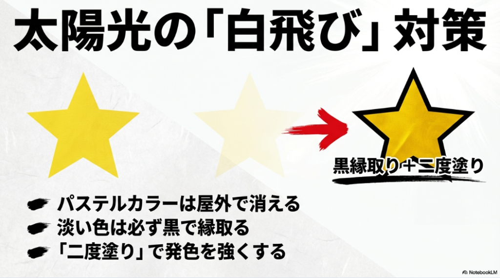 太陽光による白飛びを防ぐための淡い色の黒縁取りと、発色を強くする二度塗りのテクニック