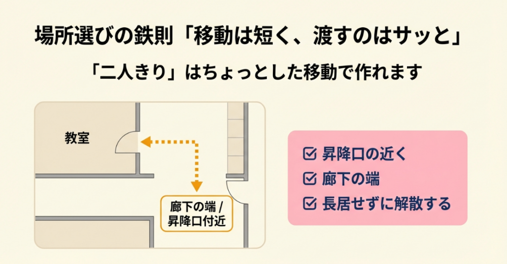 学校で二人きりを作るために廊下の端や昇降口付近へ短く移動する考え方