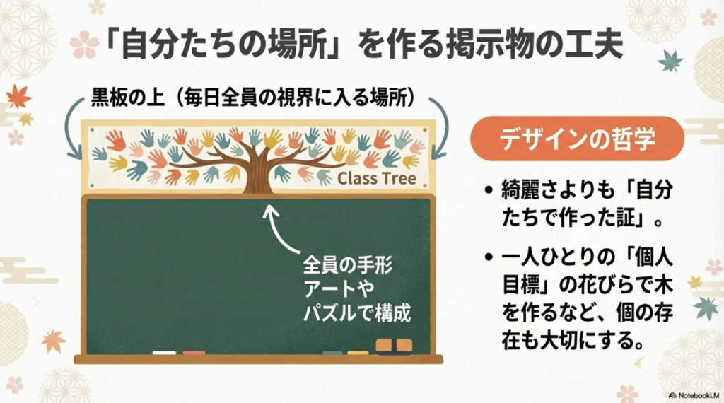 掲示物のデザイン哲学 。綺麗さよりも自分たちで作った証を重視し、クラスツリーや全員の手形で構成し、個の存在も大切にするアイデアを紹介している