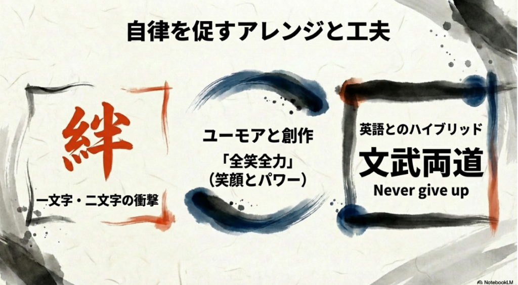 一文字・二文字の活用、創作熟語「全笑全力」、英語とのハイブリッド形式を紹介するスライド。