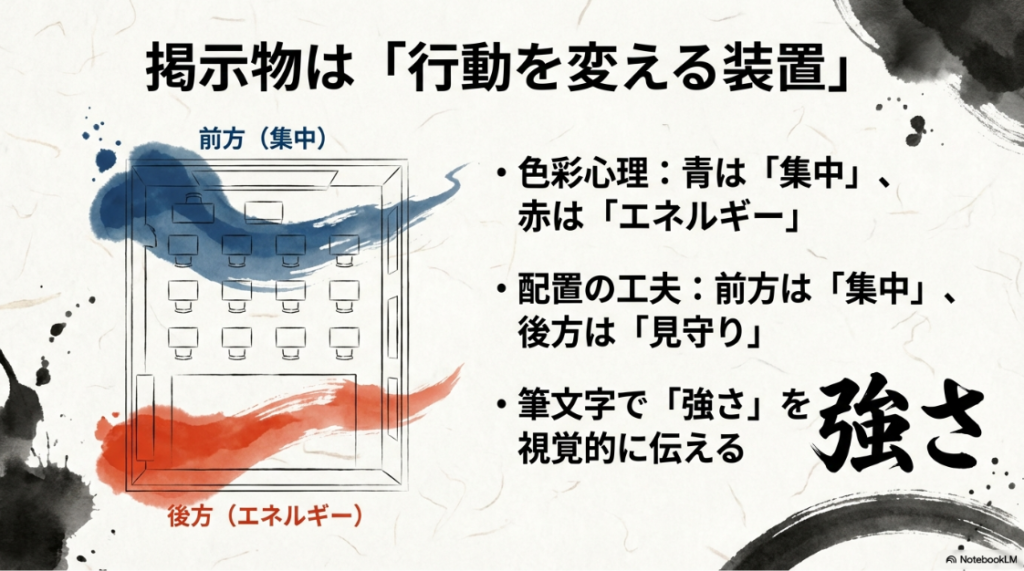前方は「集中(青)」、後方は「エネルギー(赤)」という色彩心理と配置の工夫を図解したスライド。