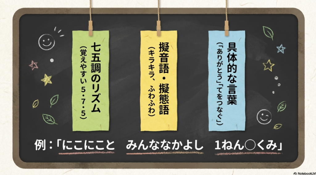 具体的な言葉、キラキラなどの擬音語や擬態語、覚えやすい七五調のリズムといった合言葉を作るヒント