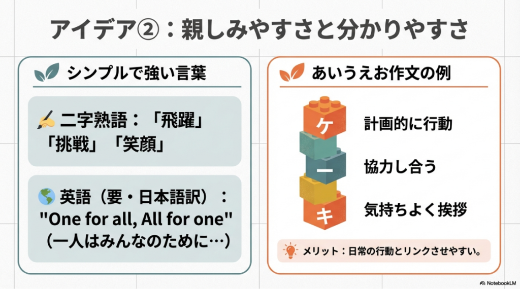 親しみやすい学級目標の例 。飛躍などの二字熟語、英語のフレーズ、そして「ケーキ」を頭文字にしたあいうえお作文(計画的に行動、協力し合う、気持ちよく挨拶)のブロックイラスト 。