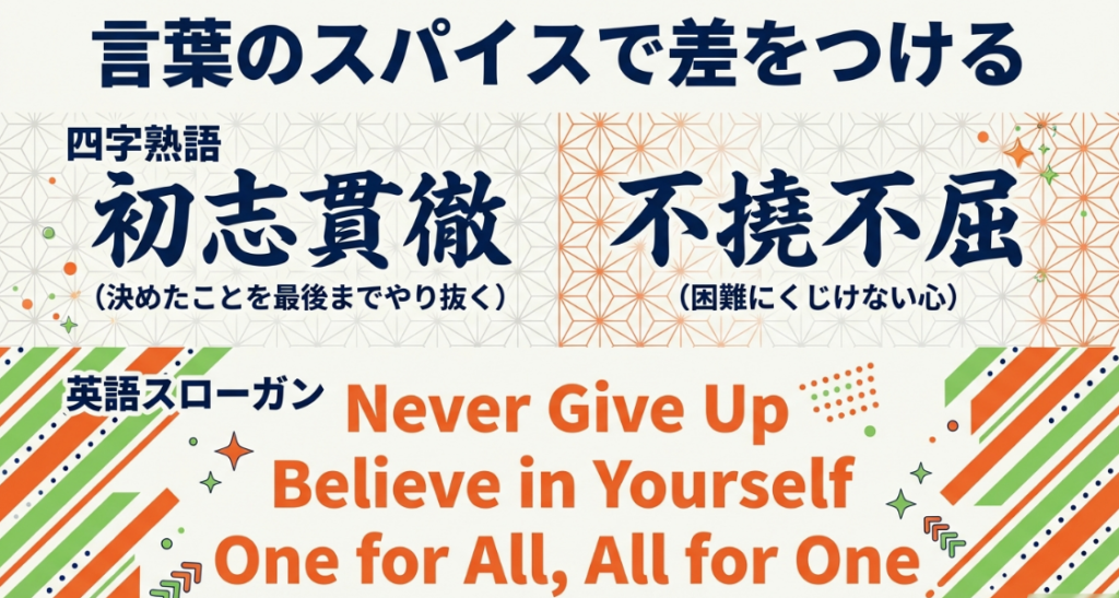決意表明を印象的にする言葉のスパイスとして、四字熟語「初志貫徹」「不撓不屈」と英語スローガン（Never Give Upなど）を大きく提示したスライド。