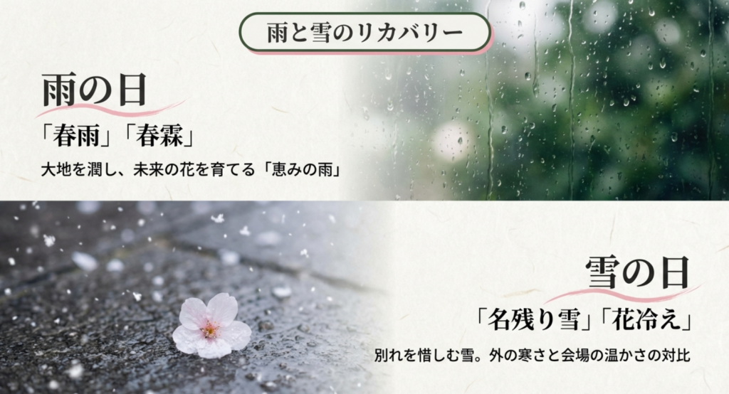 雨の日は春雨・春霖で「恵みの雨」として未来を育てる話へ。雪の日は名残り雪・花冷えで別れの情緒と会場の温かさの対比を作るスライド。