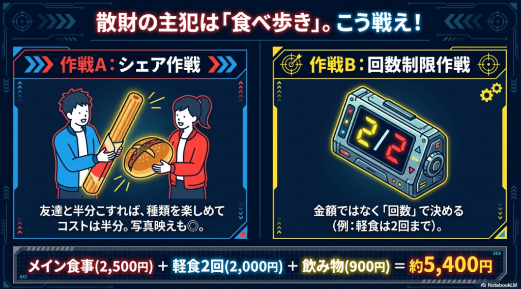友達とシェアする作戦と、金額ではなく回数で制限する作戦で食べ歩きの散財を防ぐスライド