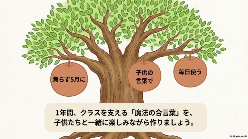 焦らず5月に、子供の言葉を使って毎日使う魔法の合言葉を作ろうというまとめのメッセージ