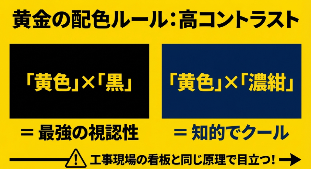 黄色の学級旗を目立たせる黒や濃紺を使った高コントラストな配色ルール