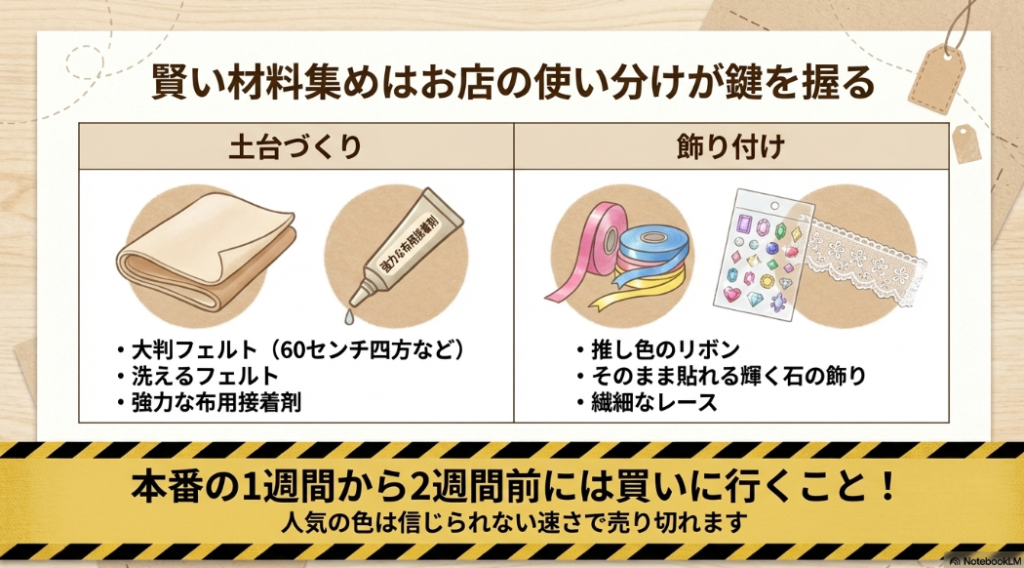 大判フェルトや布用接着剤などの土台作りと、リボンやストーンなどの飾り付けにおける100均店舗の使い分け