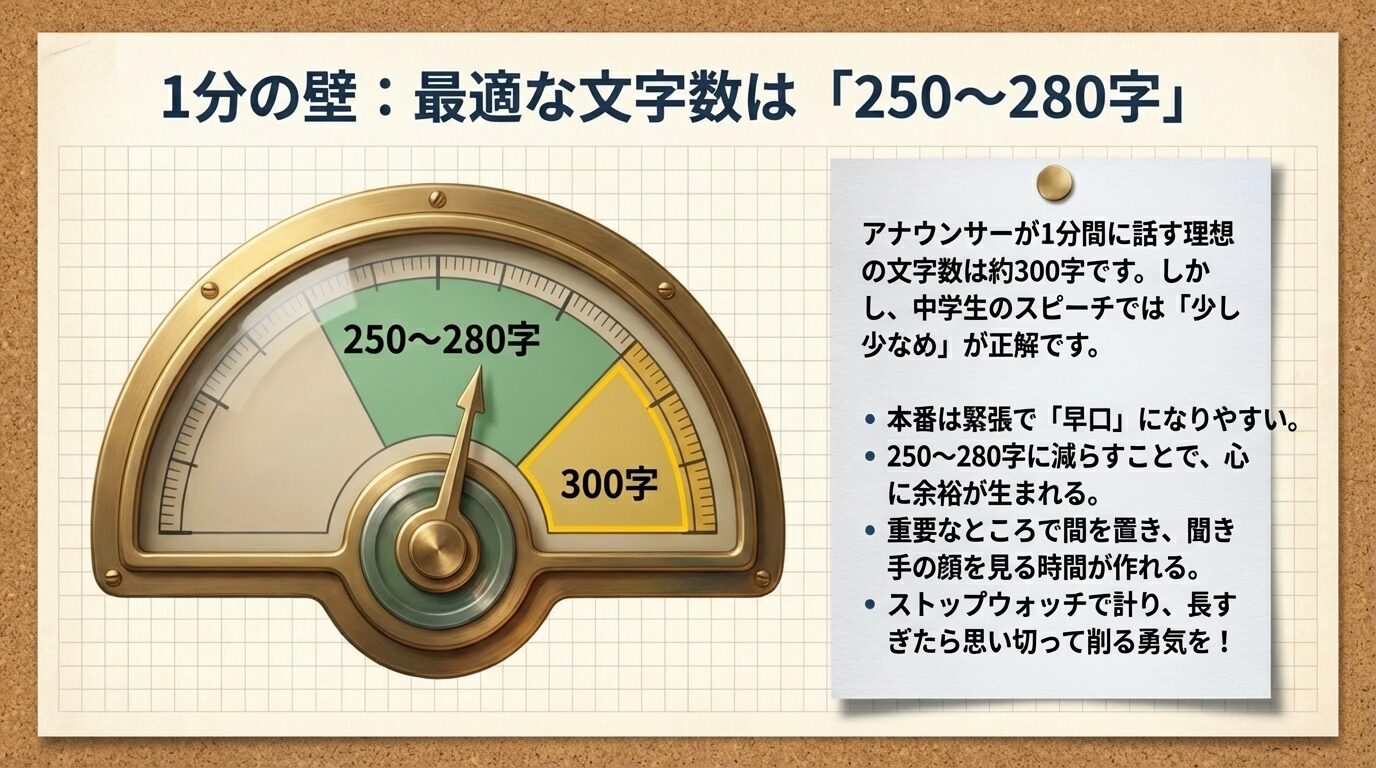 アナウンサーの基準（300字）よりも少し少なめの250〜280字が、中学生のスピーチには最適である理由を説明したスライド画像。