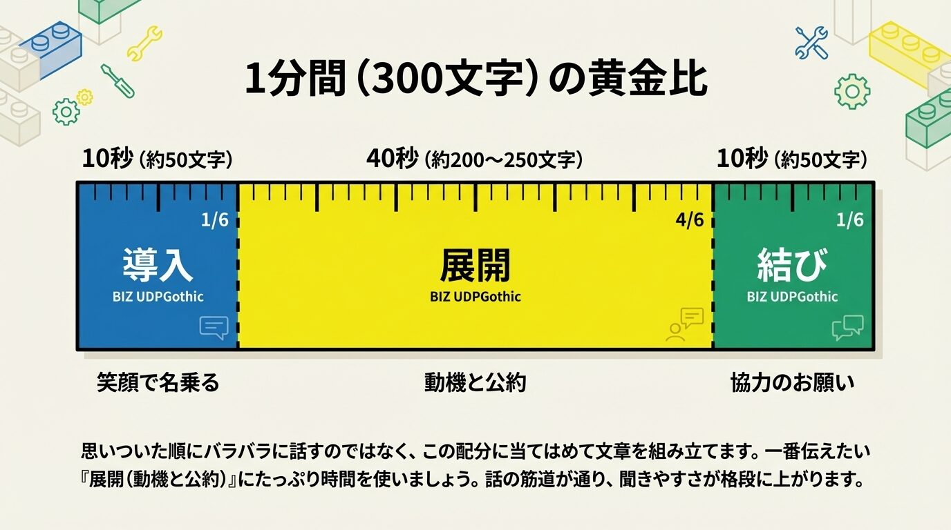 1分間のスピーチ配分を示す図。導入10秒（1/6）、展開40秒（4/6）、結び10秒（1/6）の比率で構成することを示している。