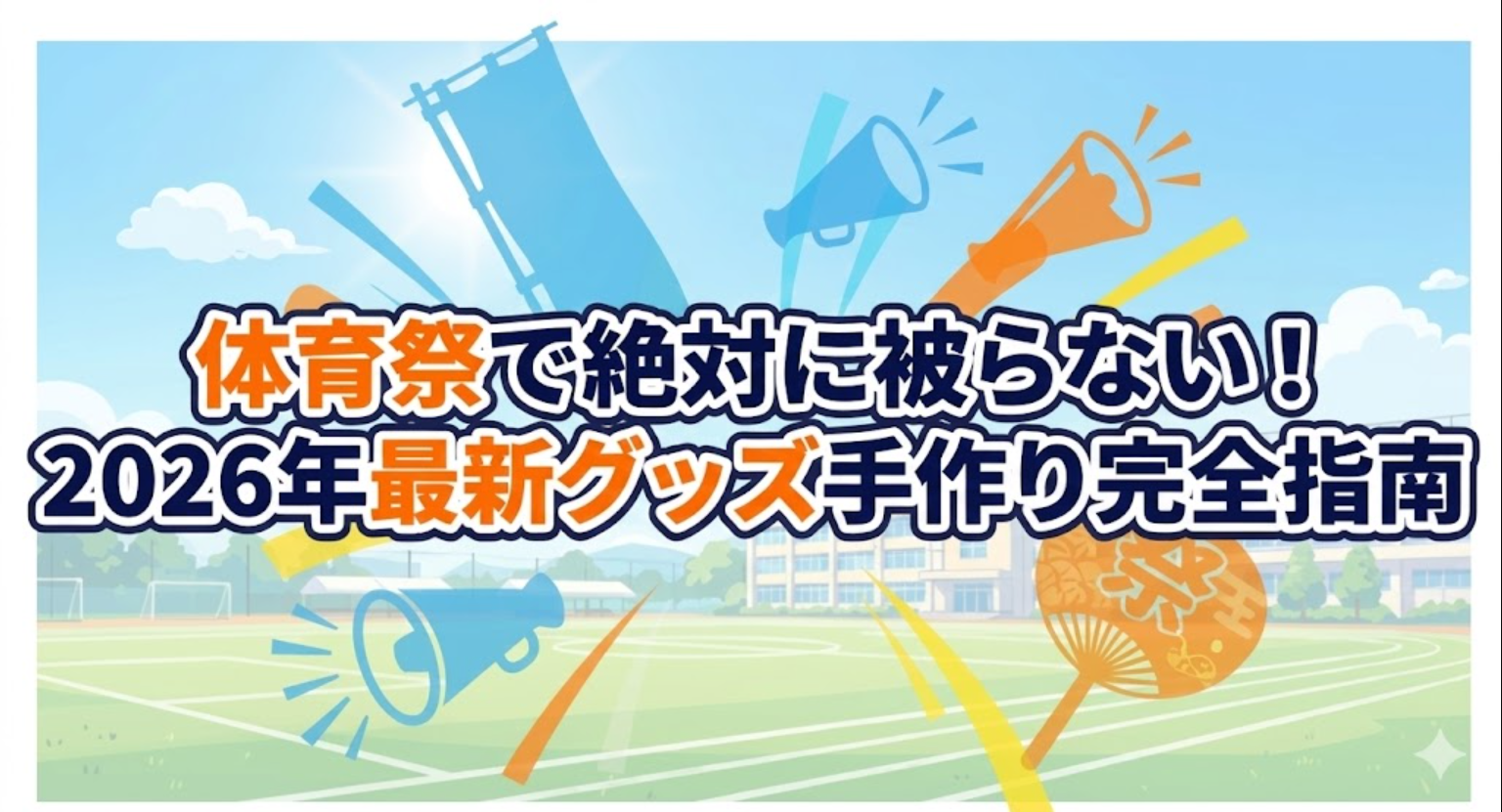 「体育祭で絶対に被らない！2026年最新グッズ手作り完全指南」と書かれた、華やかなタイトルスライド。