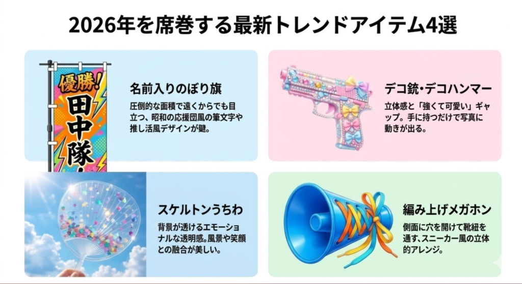 名前入りのぼり旗、デコ銃・デコハンマー、スケルトンうちわ、編み上げメガホンの4つのトレンドアイテムの紹介。