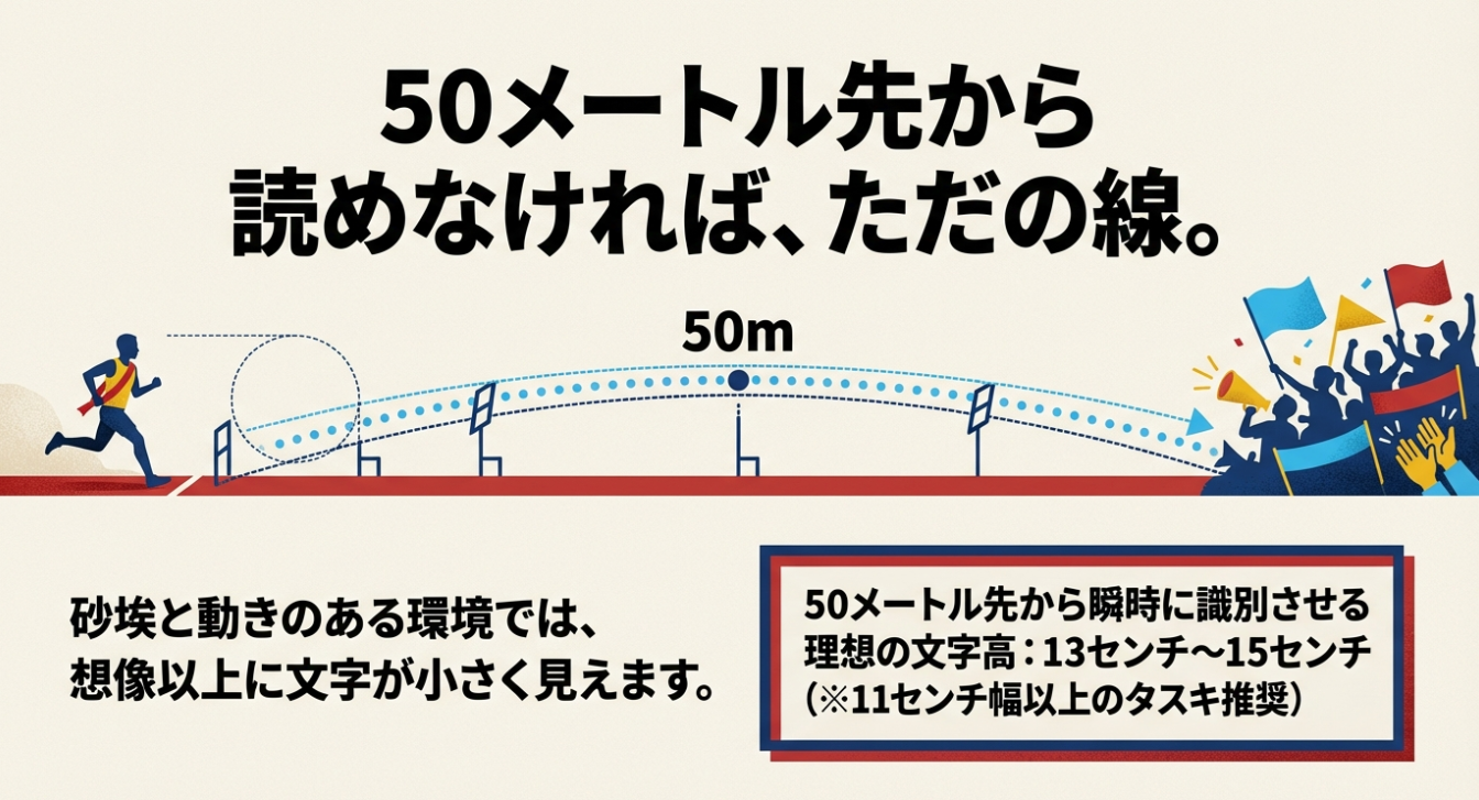 50m先から読むための理想の文字高13cm〜15cmと、推奨される11cm幅以上のタスキについての説明。