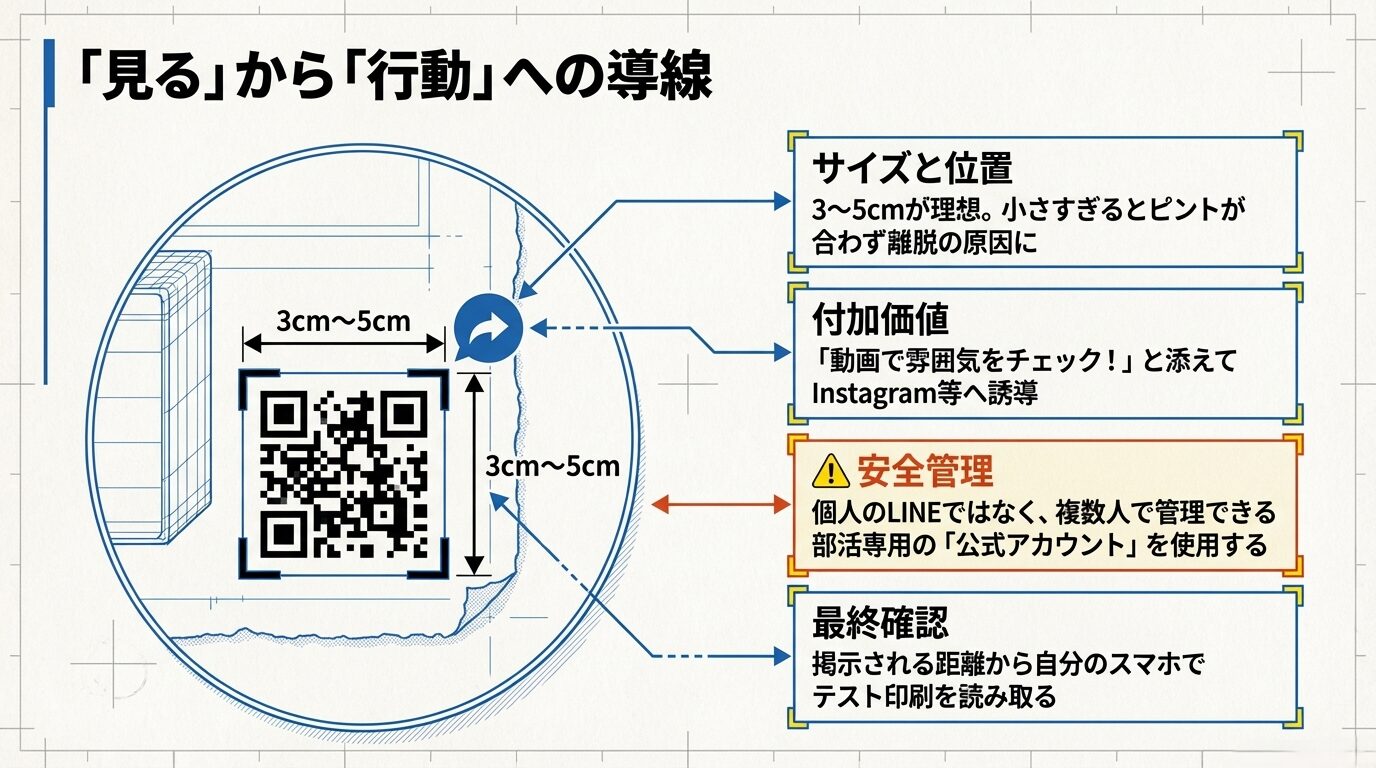 QRコードの理想的なサイズ(3〜5cm)と配置、Instagramへの誘導、個人LINEではなく「公式アカウント」を使用する安全管理の注意点。