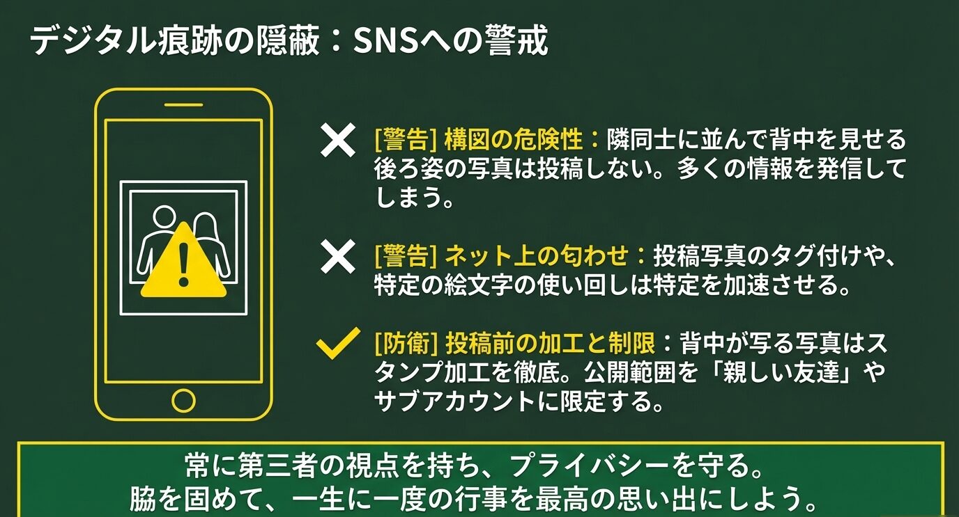 スマートフォンに警告マークが表示されたイラスト 。隣同士で背中を見せる構図の危険性や、スタンプ加工、公開範囲の限定など、SNSから特定されるのを防ぐ対策をまとめている 。