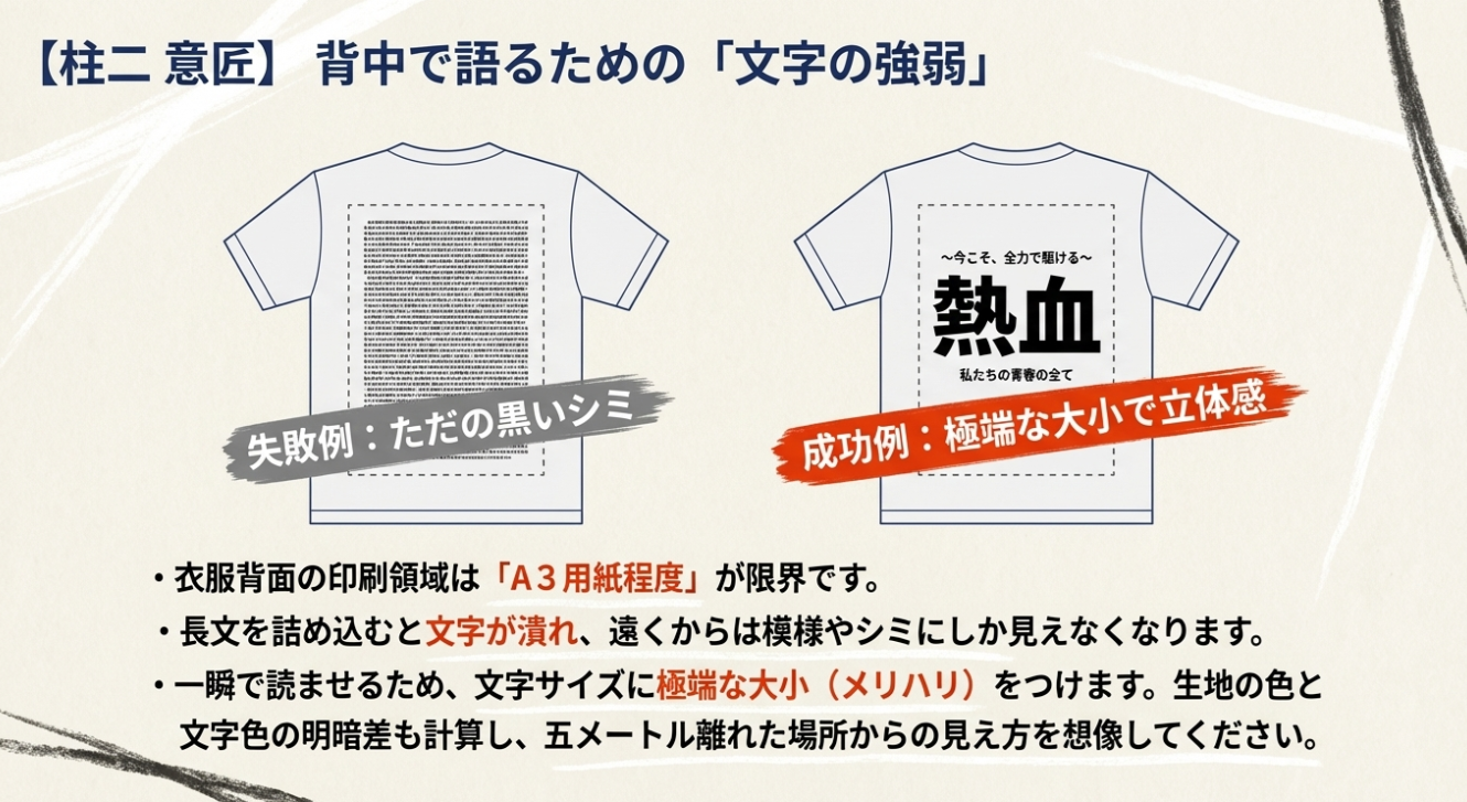 文字を詰め込みすぎて黒いシミに見える失敗例と、文字の大小（メリハリ）をつけて立体感を出した成功例の比較。