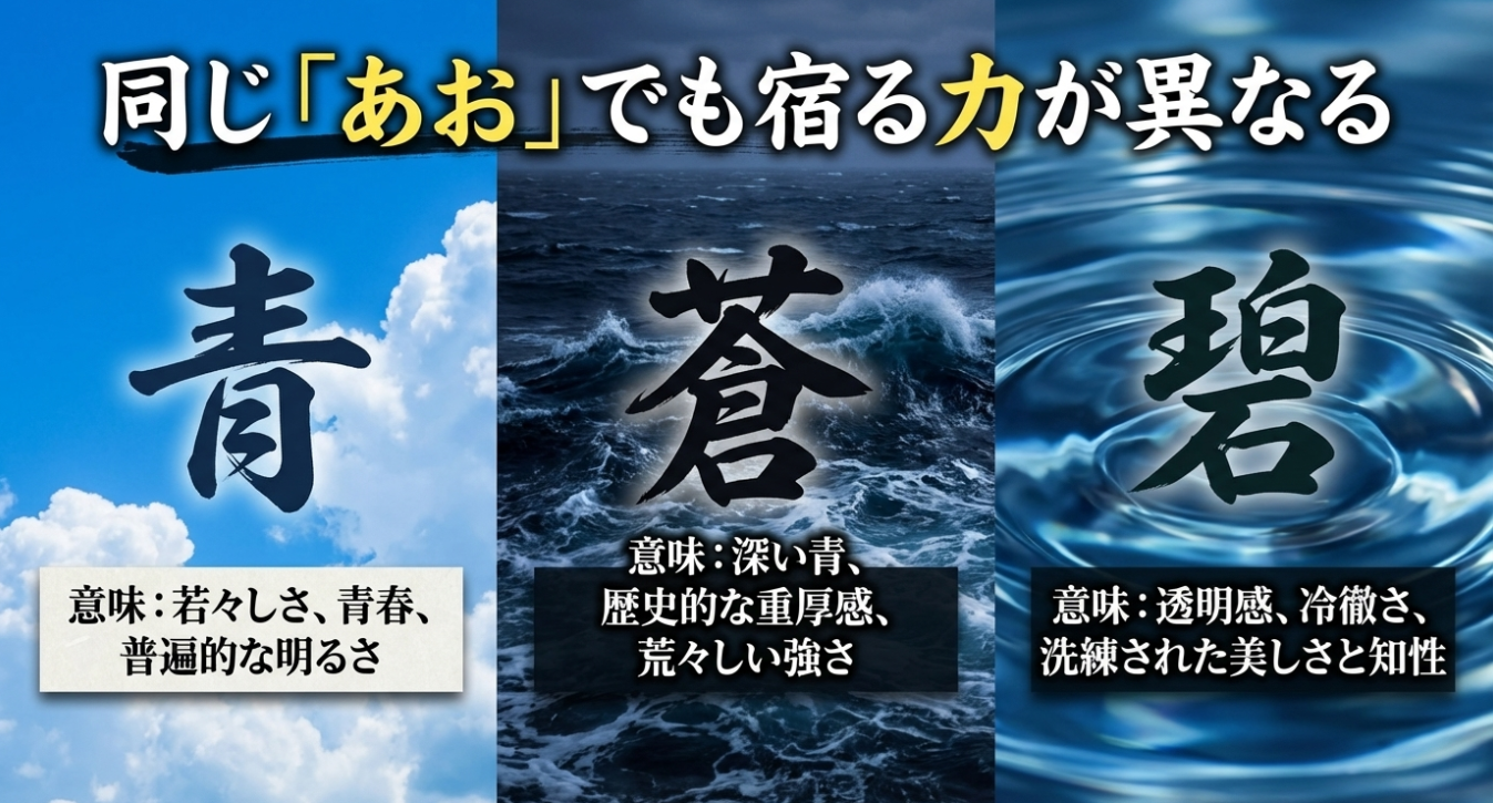 「青（若々しさ）」「蒼（重厚感・強さ）」「碧（知性・美しさ）」それぞれの漢字が持つ意味と印象の違いを解説した図解。