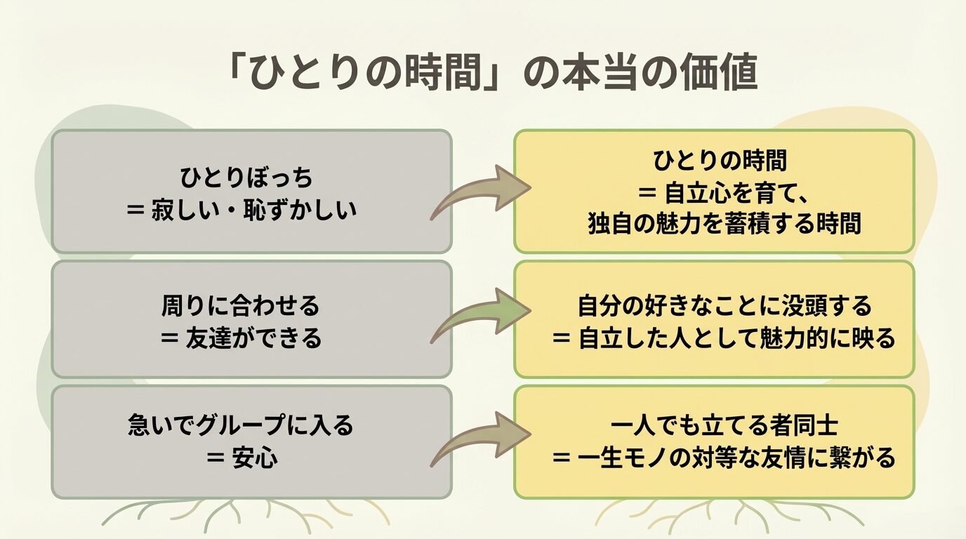 ひとりの時間は自立心を育て独自の魅力を蓄積する時間。一人の時間を楽しめる自立した姿が魅力的に映り、一生モノの友情に繋がる