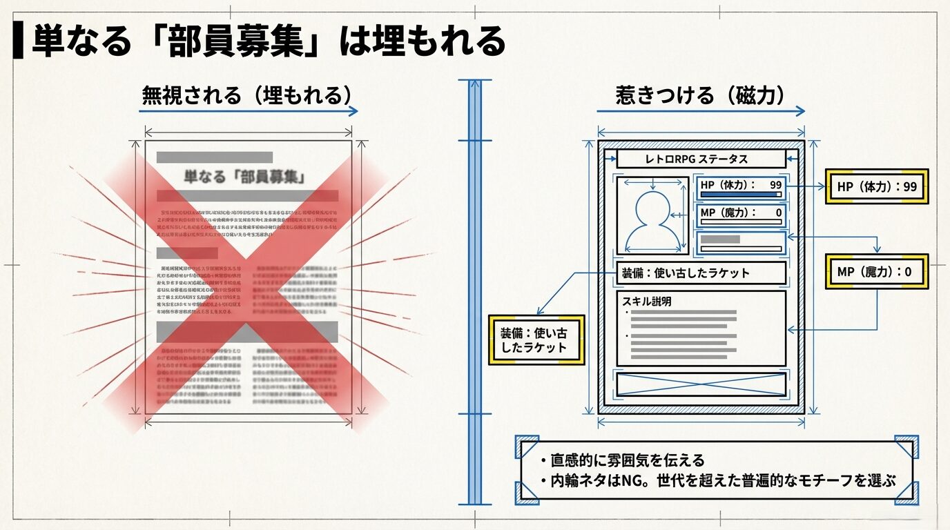 左側に「単なる部員募集」と書かれた赤いバツ印のポスター 、右側に「惹きつける(磁力)」としてRPG風のデザインが配置された比較画像 。