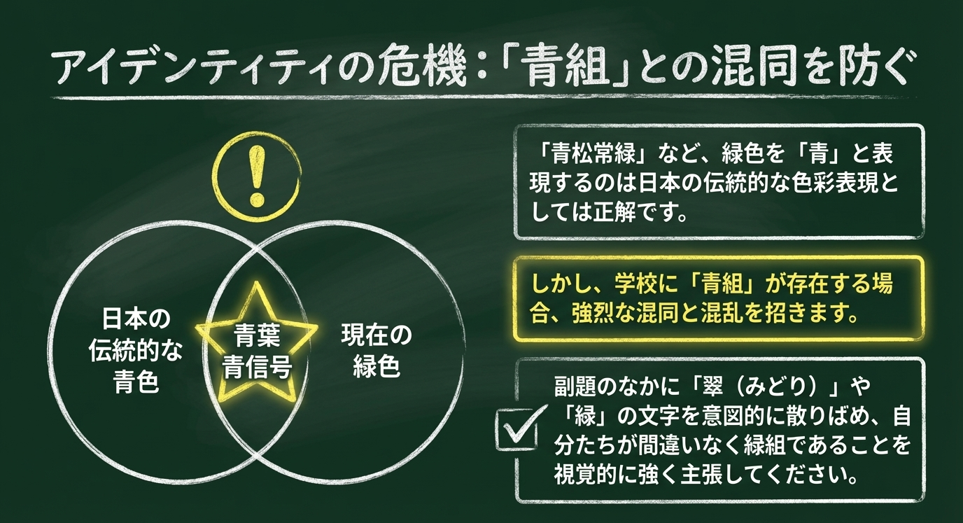 日本の伝統的な「青(緑)」表現の解説と、学校に青組がある場合の混乱を避けるための視覚的な主張の必要性