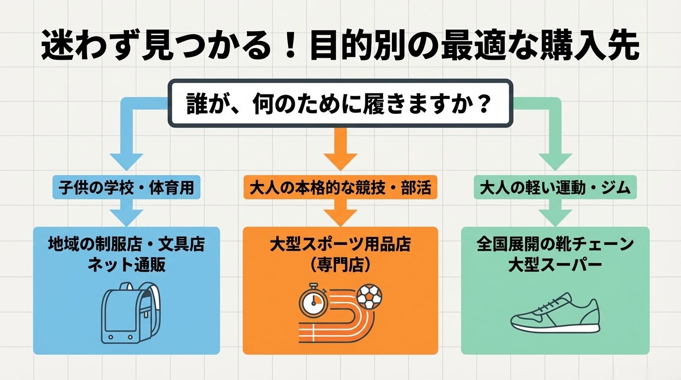 子供の学校用は制服店やネット、大人の本格競技用はスポーツ専門店、ジム用は靴チェーンやスーパーなど、用途に合わせた購入先をまとめた図。