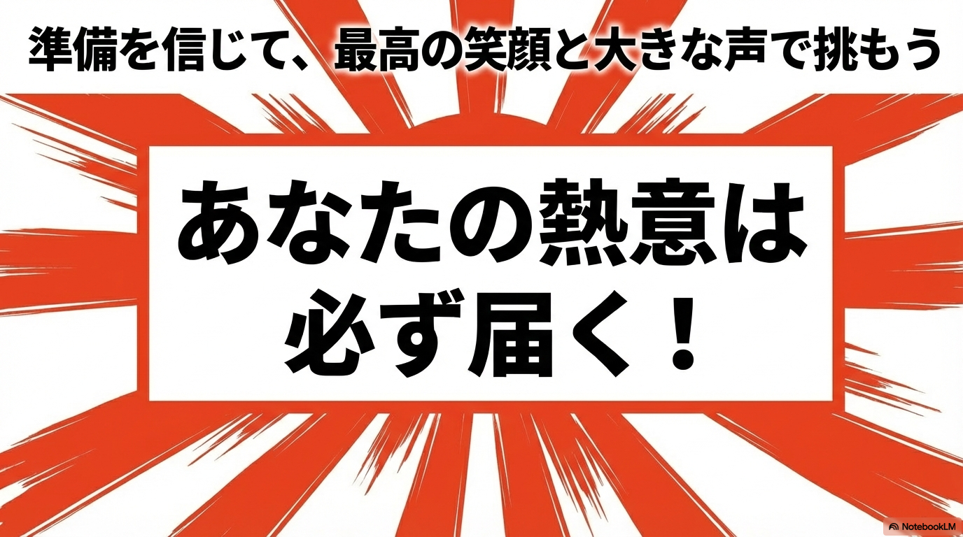 準備を信じて最高の笑顔と大きな声で挑むよう促し、「あなたの熱意は必ず届く！」というエールを送るスライド。