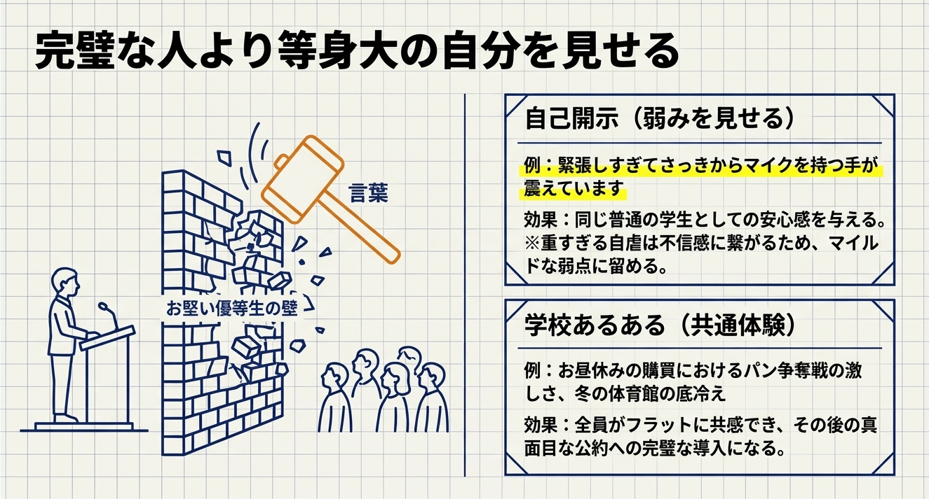 言葉のハンマーで「お堅い優等生の壁」を壊すイラスト。マイルドな弱点を見せる「自己開示」と、全校生徒が共感できる「学校あるある」の効果について解説している図 。