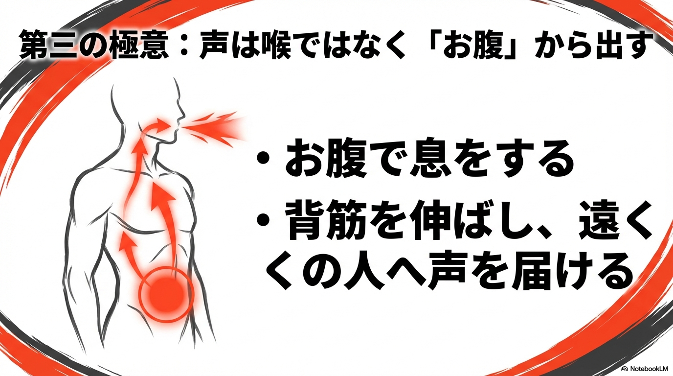 声は喉ではなくお腹から出すこと、お腹で息をし、背筋を伸ばして遠くの人へ届けることを説明するスライド。