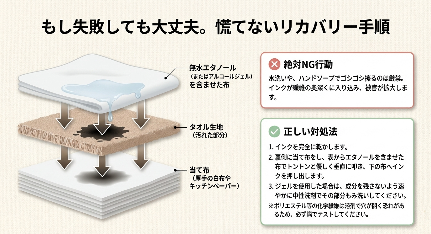 擦るのは厳禁という×マークと、裏側に当て布をしてエタノールでトントンと叩き出す正しい手順のイラスト。