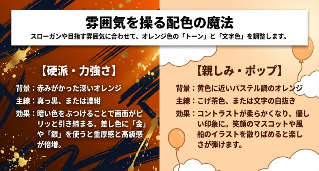 雰囲気を操る配色の魔法。硬派で力強い配色と、親しみやすくポップな配色の比較スライド