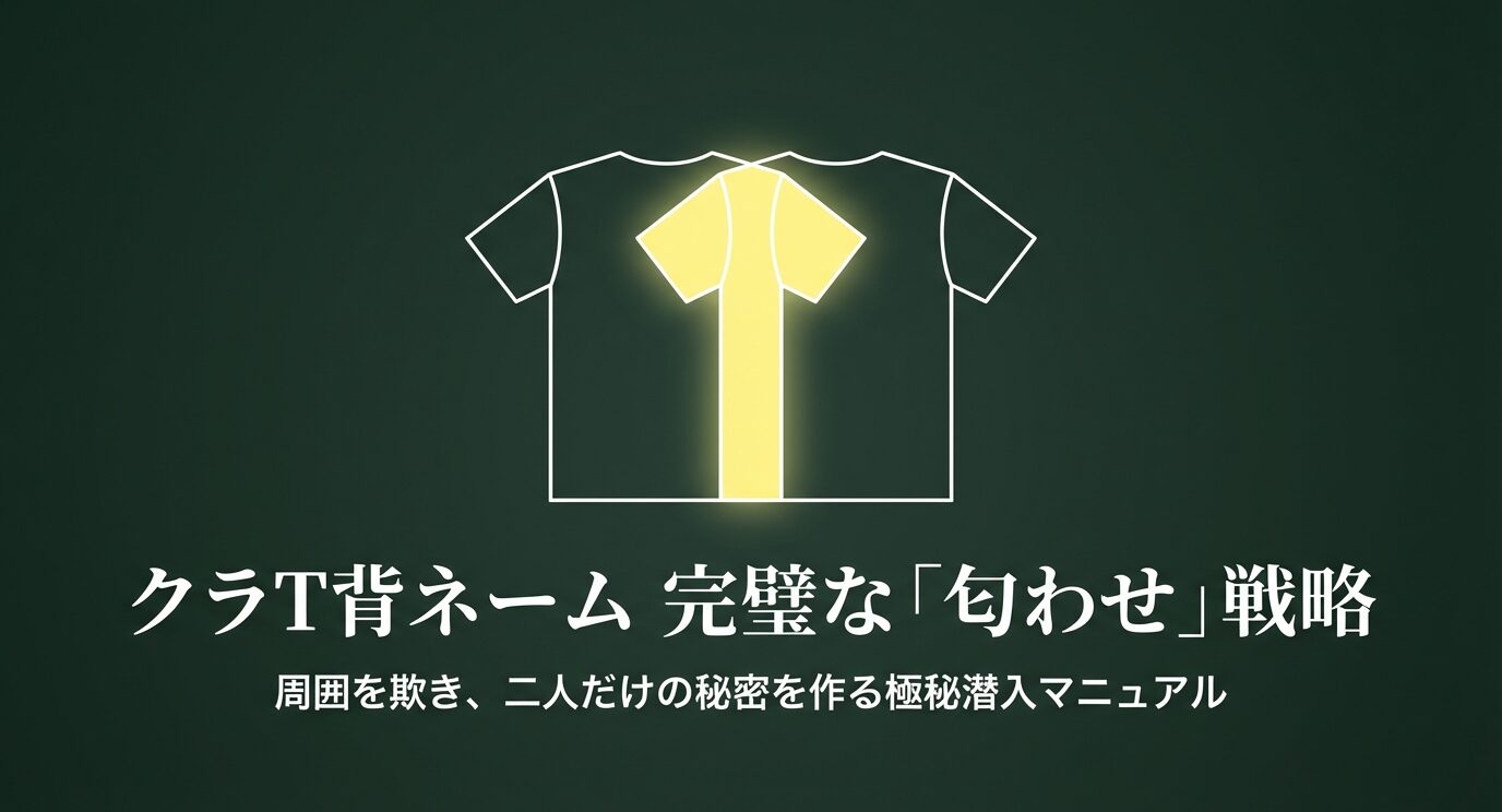 「クラT背ネーム 完璧な『匂わせ』戦略」というタイトルと、二枚のTシャツが重なり、重なった部分が光っているイラスト。周囲を欺き秘密を作るための極秘マニュアルであることを示している 。