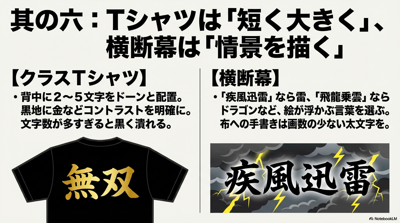 「其の六：Tシャツは短く大きく、横断幕は情景を描く。」Tシャツは2〜5文字で高コントラスト、横断幕はイラストが浮かぶ言葉を選ぶ。