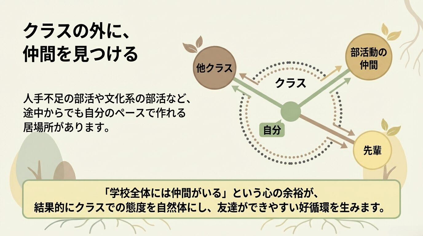 自分を中心に、他クラス、部活、先輩などとの繋がりを示す図。クラス外に居場所がある余裕が、クラス内での自然体な態度に繋がる