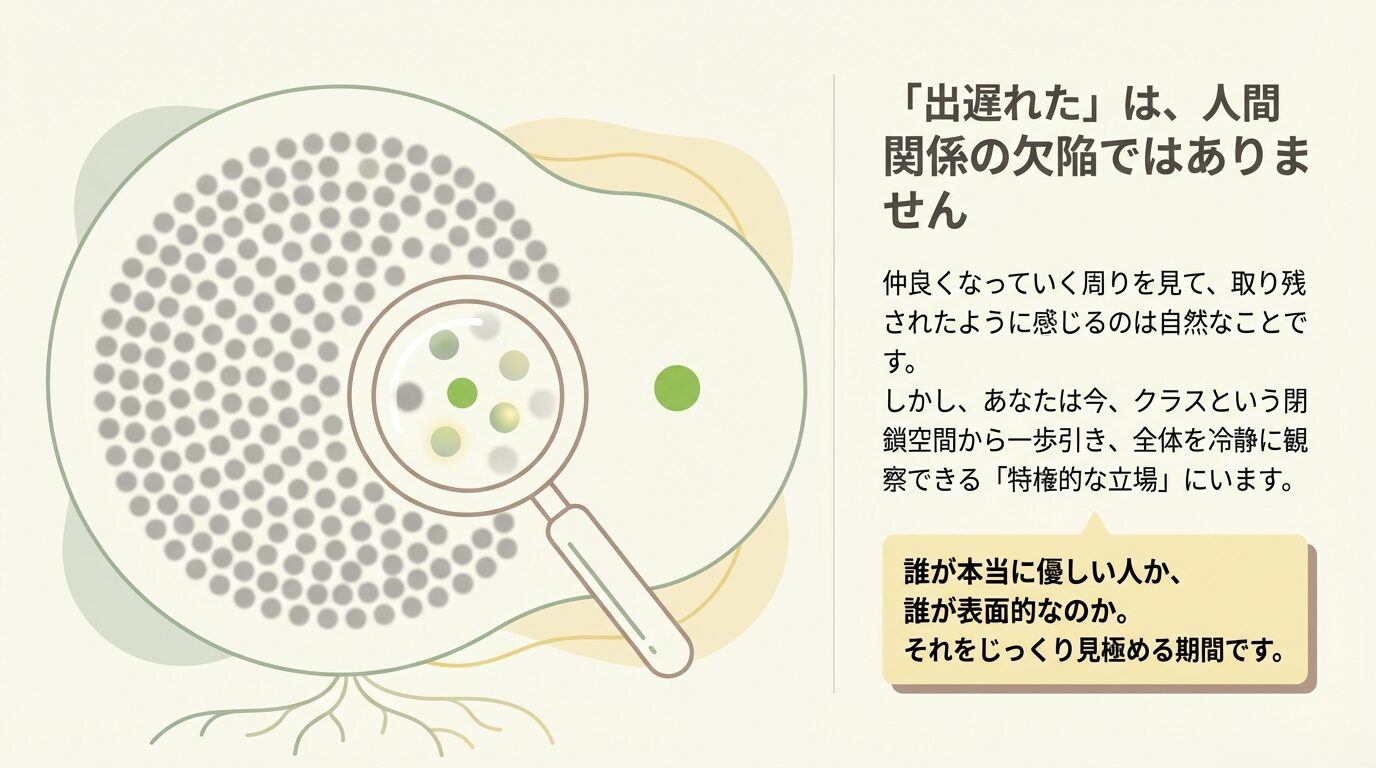 虫眼鏡で集団を観察する図。出遅れは欠陥ではなく、誰が本当に優しいかを見極める「特権的な立場」での観察期間であるという説明